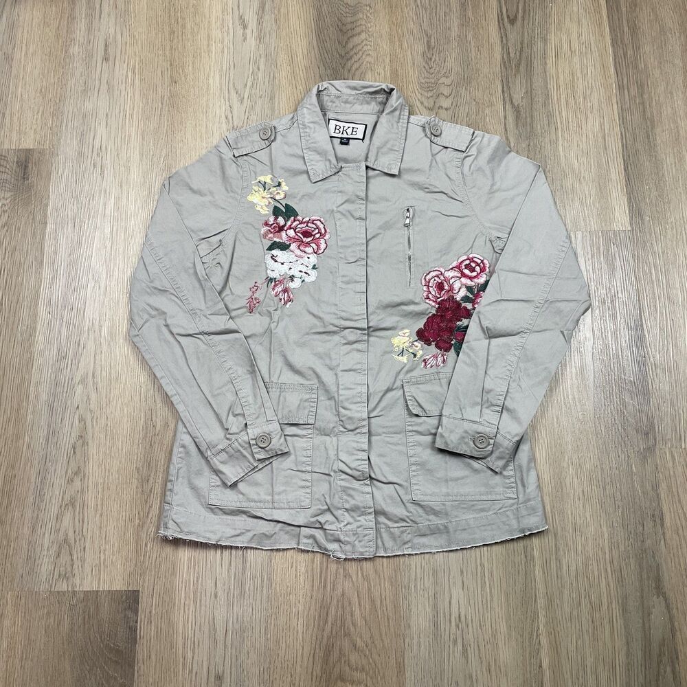 BKE Jacket Womens Medium Embroidered Floral Utility Cargo Military Lightweight